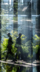 office workers walking in a glass office with plants in the window reflections 