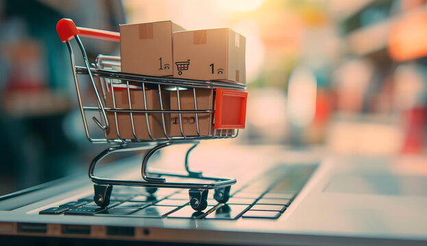  shopping cart and stack of boxes sitting on a laptop