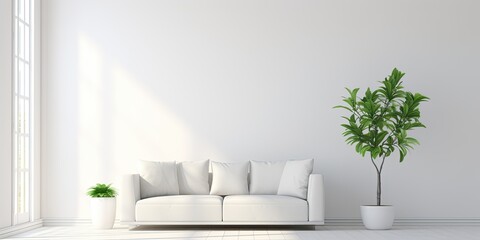 Minimalist white living room with white leather sofa, abundant sunlight, and a solitary potted plant.