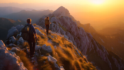 a couple hiking in the mountains at sunset over landscape - obrazy, fototapety, plakaty