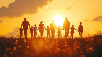 Fototapeta premium community large family in the park. a large group of people holding hands walking silhouette on nature sunset in the park. big family kid dream concept. people in the park. large sunlight family