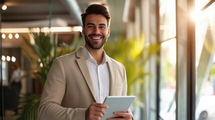 confident young businessman in a tan suit smiles while holding a tablet, standing in a modern office environment. Concept of themes of business, technology, and entrepreneurship.