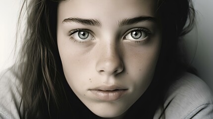 Fototapeta premium Windows to the Soul-AI-generated image features an intimate portrait of a young individual, their eyes conveying a depth of emotion and introspection.