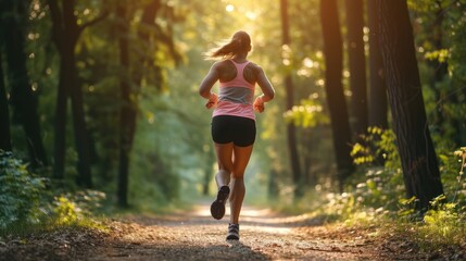 Fototapeta na wymiar fitness sporty woman running early in the morning in forest area, healthy lifestyle concept