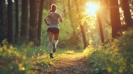 fitness sporty woman running early in the morning in forest area, healthy lifestyle concept