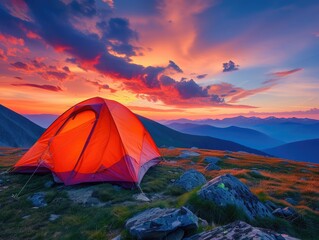 Glowing orange tent in the mountains under dramatic evening sky. Red sunset and mountains in the background. Summer landscape