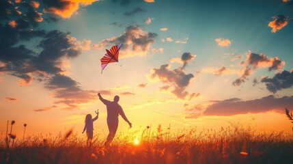 Obraz premium happy family father and child on meadow with a kite in the summer on the nature