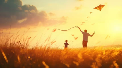 Zelfklevend Fotobehang happy family father and child on meadow with a kite in the summer on the nature © buraratn