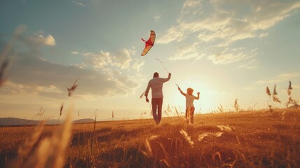 happy family father and child on meadow with a kite in the summer on the nature - obrazy, fototapety, plakaty