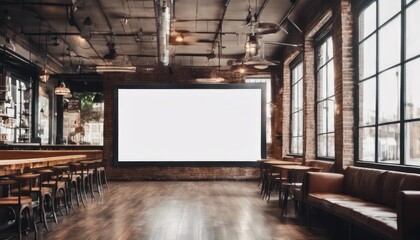 Spacious, well-lit bar with modern industrial aesthetics, featuring a large blank white screen on...