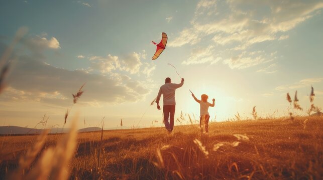 happy family father and child on meadow with a kite in the summer on the nature - Powered by Adobe