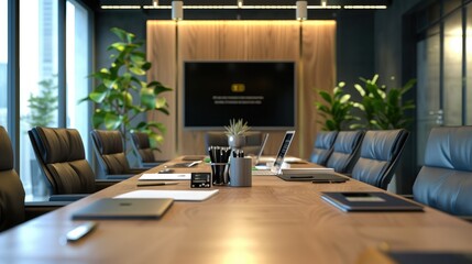 Interior of a modern office boardroom containing a table and chairs, laptop and office supplies after a meeting