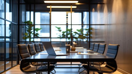 Interior of a modern office boardroom containing a table and chairs, laptop and office supplies after a meeting
