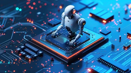Isometric robotic on processor chip. 3D Robot chatbot, AI in science and business. Futuristic microchip processor with lights on the blue background. Quantum computer