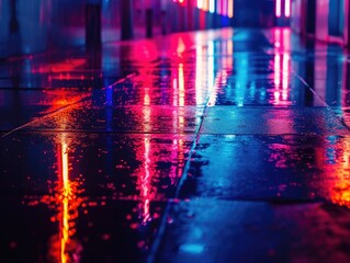 Naklejka premium Light effect, blurred background. Wet asphalt, night view of the city, neon reflections on the concrete floor. Night empty stage, studio. Dark abstract background, dark empty street.
