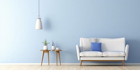 Scandinavian design with simple style in empty home - blue and white sofa, wooden floor with armchair, lamp, white table. - obrazy, fototapety, plakaty