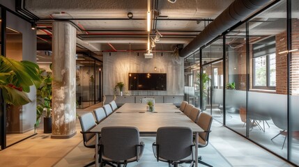 Modern coworking office in madrid, spain, featuring a spacious meeting room with a large table, gray chairs, exposed concrete beams, and a transparent glass partition