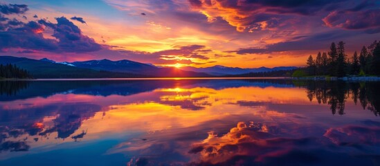 Fototapeta premium Beauty: Beautiful, Blazing Sunset Reflected in the Serene Lake