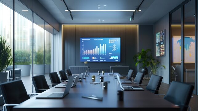 Modern Empty Meeting Room with Big Conference Table with Various Documents and Laptops on it, on the Wall Big TV with Big Data Analysis, Charts and Infographics. Contemporary Designed Work