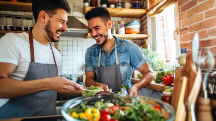 Two guys of different ethnicity having fun while making salad together on kitchen. Concept of gay couples and everyday life at home . Caucasian and hispanic man cooking healthy food