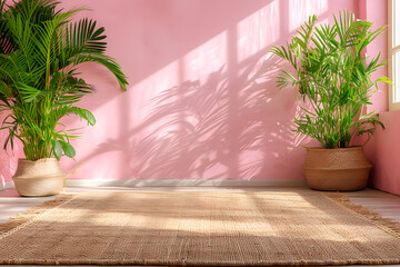 yoga mat and plant for a pink room with pink walls and wooden floors