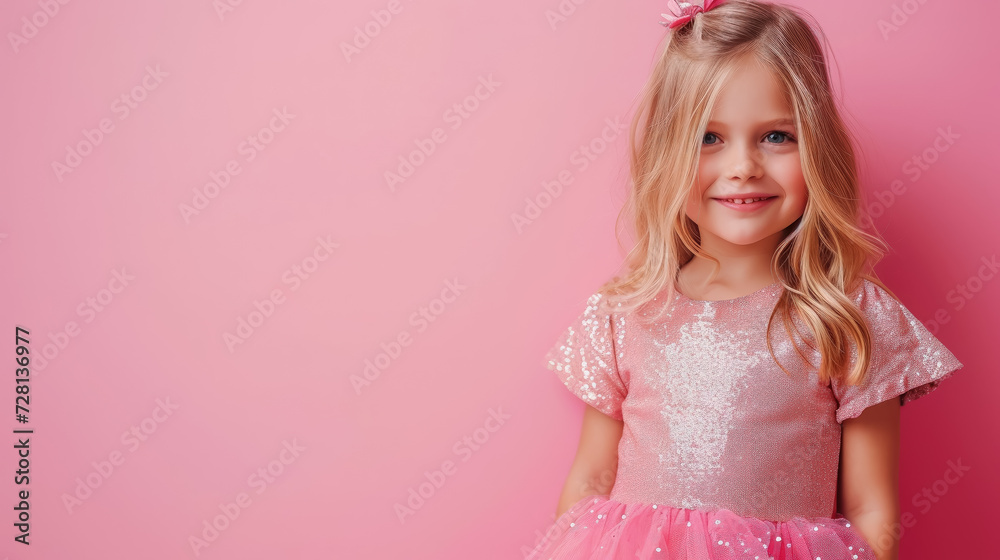 Wall mural little blue-eyed smiling girl with long curly blond hair in a pink dress on a crimson background in the studio, child, kid, daughter, teenager, fashion, beauty, stylish clothes, space for text, skirt - Wall murals