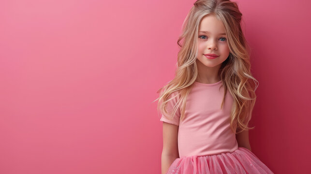 little blue-eyed smiling girl with long curly blond hair in a pink dress on a crimson background in the studio, child, kid, daughter, teenager, fashion, beauty, stylish clothes, space for text, skirt