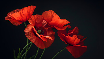red poppy flowers with black background  