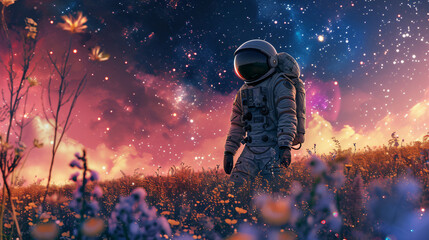 Astronaut in Flower Meadow Under the Colorful Night.