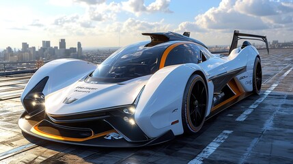 Illustrate a supercar that transforms into a flying vehicle, with wings extending and propellers emerging, ready to take to the skies in a sci-fi cityscape