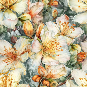Seamless watercolor spring flowers illustration pattern, wallpaper design. Generative ai