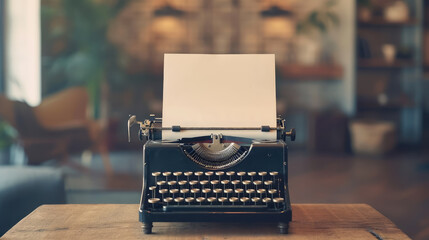 blank sheet of paper inserted into an old typewriter on a table in a stylish room, publishing house, space for text, writing, layout, editorial, writer's day - obrazy, fototapety, plakaty