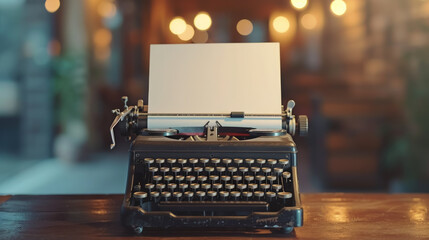 blank sheet of paper inserted into an old typewriter on a table in a stylish room, publishing house, space for text, writing, layout, editorial, writer's day