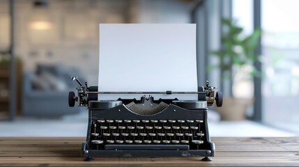 blank sheet of paper inserted into an old typewriter on a table in a stylish room, publishing house, space for text, writing, layout, editorial, writer's day