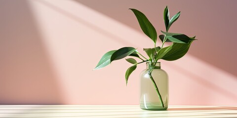 Minimalistic still life of green leaf and vase on pastel pink table, embodying spring or summer vibes with sunlight casting hard shadows. Embracing the concept of floral beauty in interior design