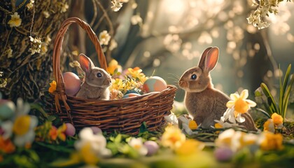 Easter week. Happy Easter. Easter bunnies and melted chocolates. Easter eggs. - obrazy, fototapety, plakaty