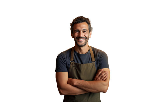 A man in an apron smiling warmly, radiating joy and contentment.