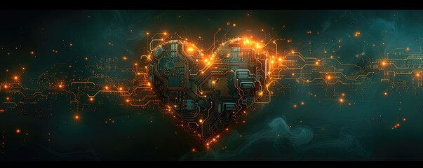 a heart made out of circuit boards, in the style of dark teal and light yellow
