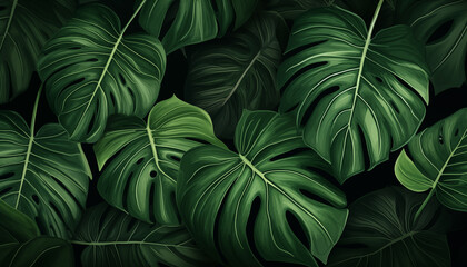 Fototapeta na wymiar Green tropical palm leaves Monstera dark background