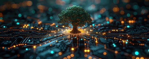 circuit board tree, in the style of graphic and symmetrical - obrazy, fototapety, plakaty