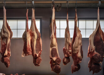 Meat industry, meats hanging in cold store. Cattles cut, hanged on hook in a slaughterhouse