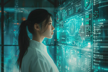 emale data analytics looking at a digital screen with data