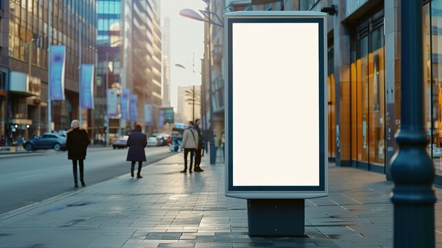 Mockup. Vertical advertising stand in the street. Blank white street billboard poster lightbox stand mock with urban city background