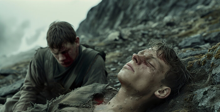 Representation of Abel lying on the ground after being killed by his brother Cain. Cain rose up against his brother Abel and killed him. Close-up of Abel dead on the ground.