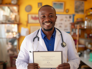 A smiling doctor in clinic, proudly displaying certificate, professional, inviting atmosphere - obrazy, fototapety, plakaty