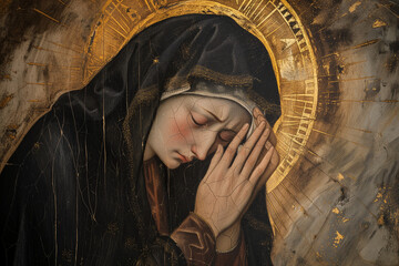 Virgin Mary mourning in grief, praying and seeking solace from God for the death of her son Jesus on Holy Saturday