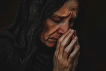 Woman in mourning praying and crying, mother and widow praying with a heartbreaking sob
