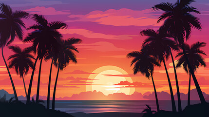 Fototapeta na wymiar wallpaper sunset beach with palm tree retro color