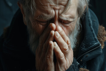 Mourning Elderly Man Praying and Crying, Senior in Tears and Concealing His Face While Praying to God Seeking Forgiveness