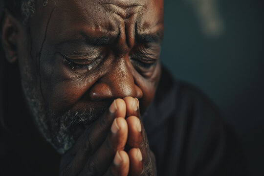 Mourning Elderly Man Praying and Crying, African American Senior with Tears Pleading and Praying to God - Powered by Adobe